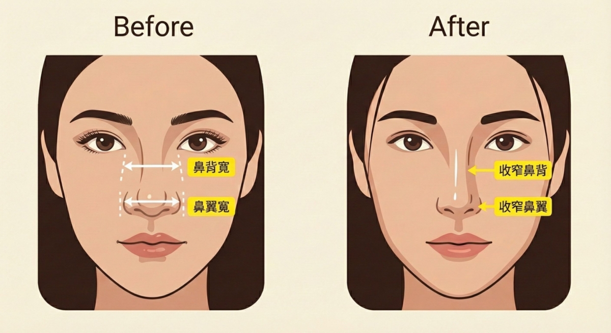 一張女性鼻部整形前後的對比插畫。左圖「Before」標示較寬的鼻背與鼻翼;右圖「After」顯示收窄後的鼻背與鼻翼,呈現出更纖細立體的鼻型。