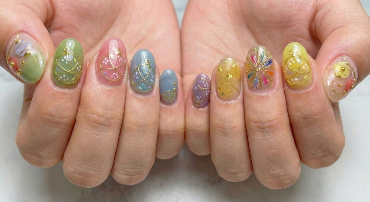 色彩繽紛跳躍，通常會使用半透的果凍色來模擬水氣球的透明質感，並搭配金線模擬煙火綻放的瞬間。