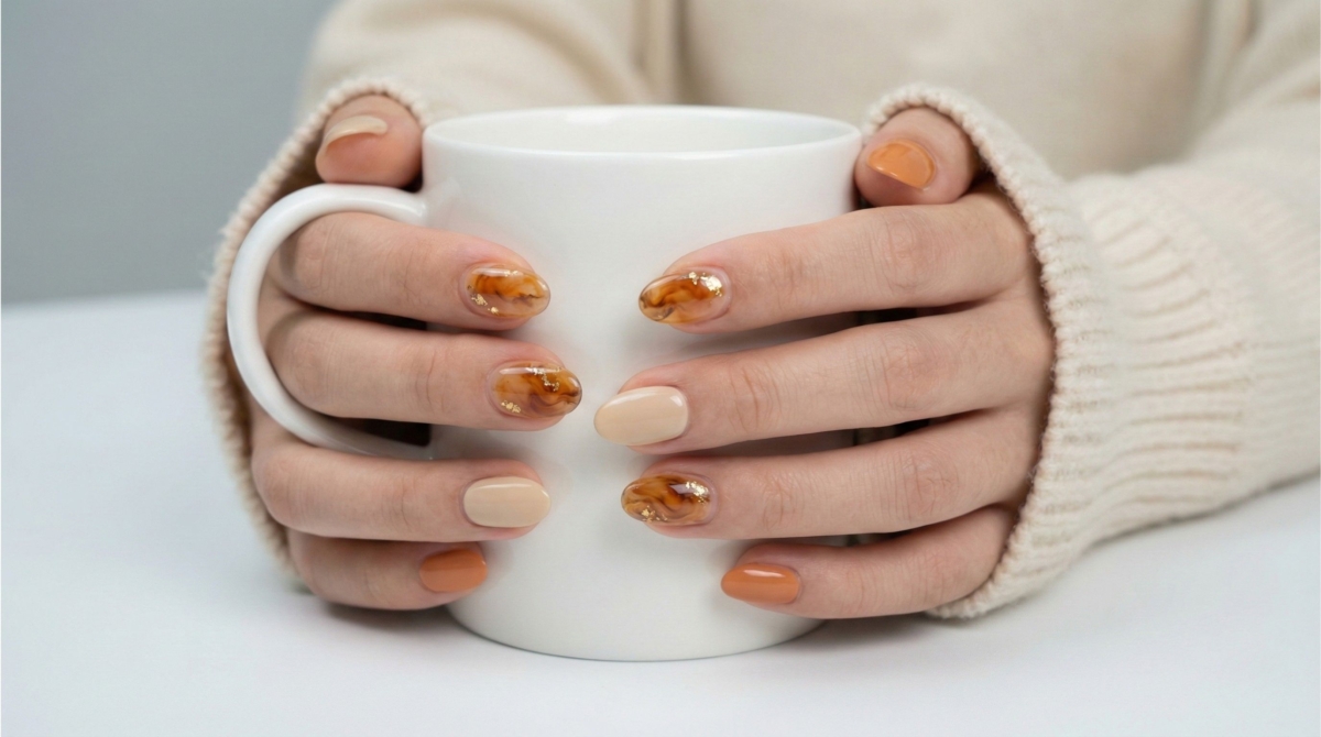 圖中展示的是溫暖焦糖琥珀美甲款式,以半透的焦糖色、深棕色為基底,模擬琥珀特有的透光感與雲霧紋理,偶爾點綴金箔增加貴氣。