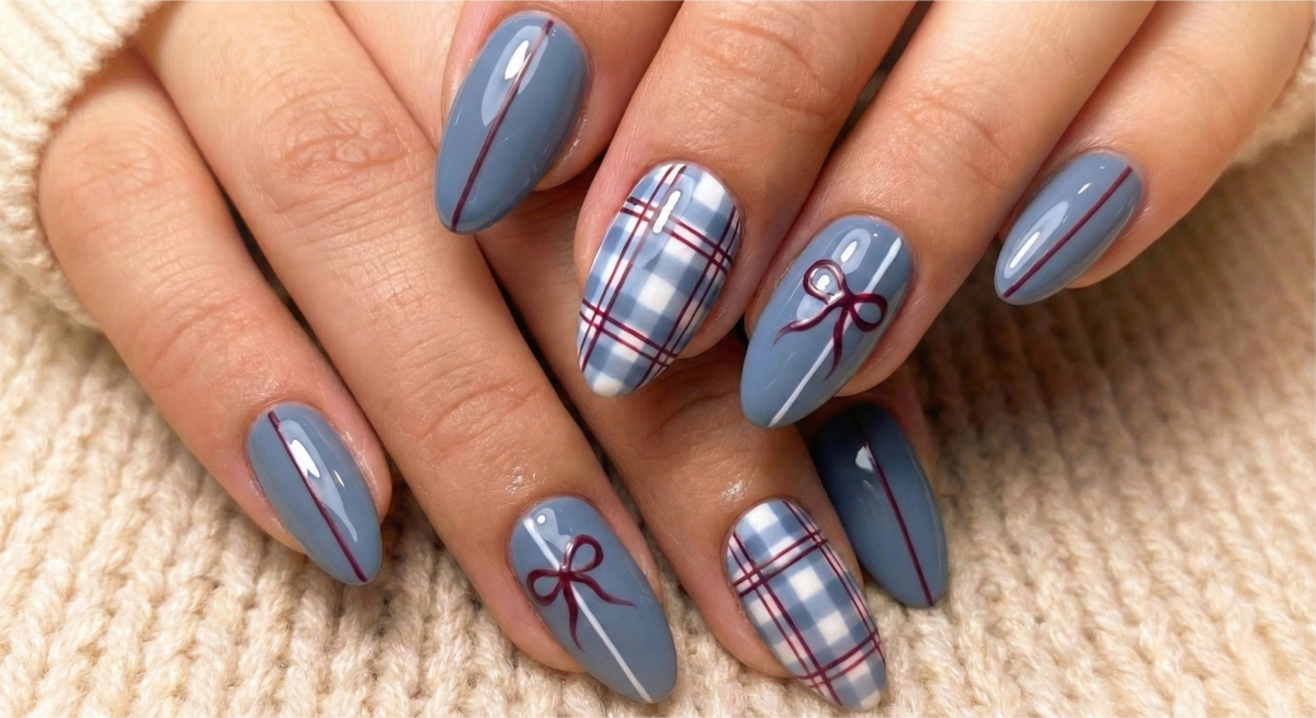 這款以「霧霾藍」為主調的設計,巧妙結合了經典的蘇格蘭格紋與手繪蝴蝶結元素。低飽和度的莫蘭迪藍非常顯白,搭配酒紅色的極細線條,撞色效果高級又不突兀。