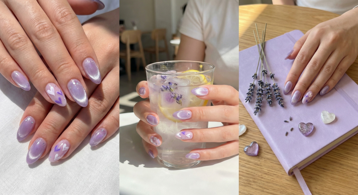 晶透紫貓眼指甲搭配愛心與亮片,玻璃感通透,甜美浪漫微糖戀愛風。