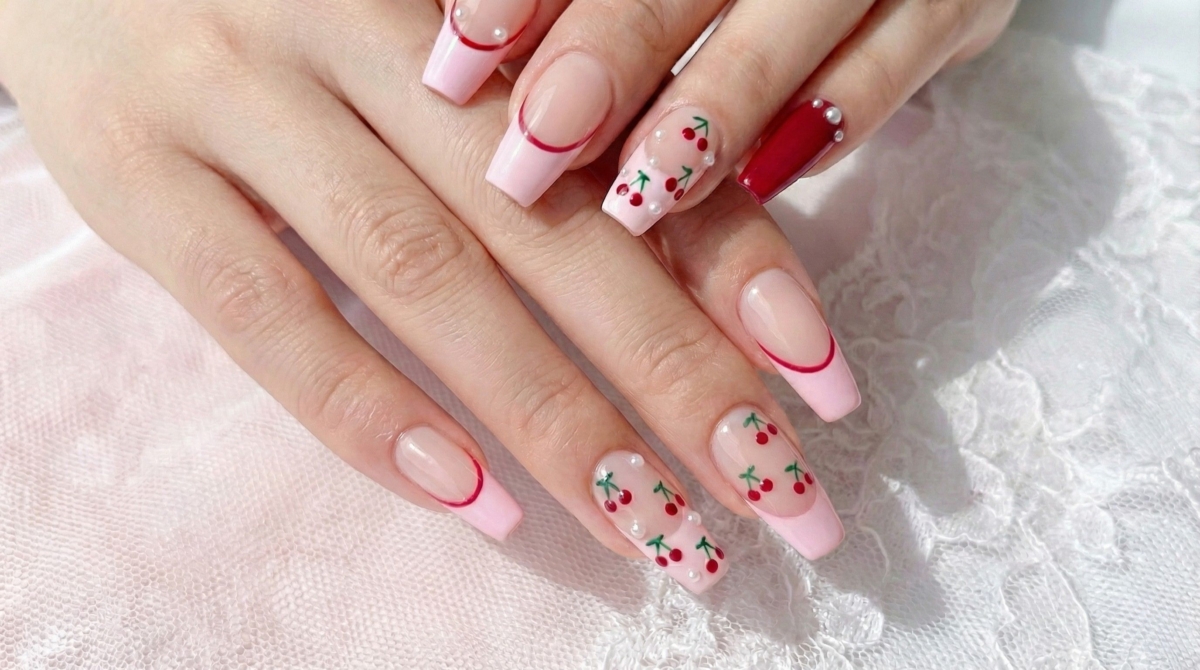 圖中為法式可愛主題風美甲款式,這是將少女心具象化的極致展現,完美融合了當下最火紅的純欲美學與 Y2K 復古童趣。