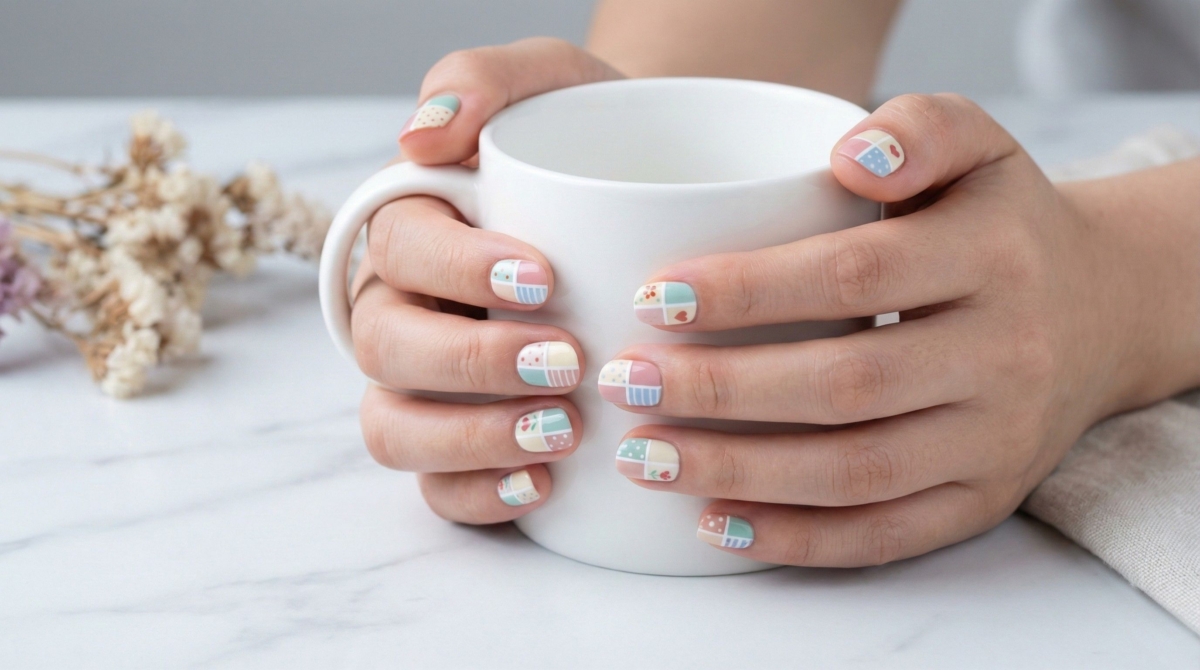 圖中展示的是簡約四格花紋美甲款式,圖案就像是一個精緻的小型拼貼藝術品,極富創意與視覺趣味。