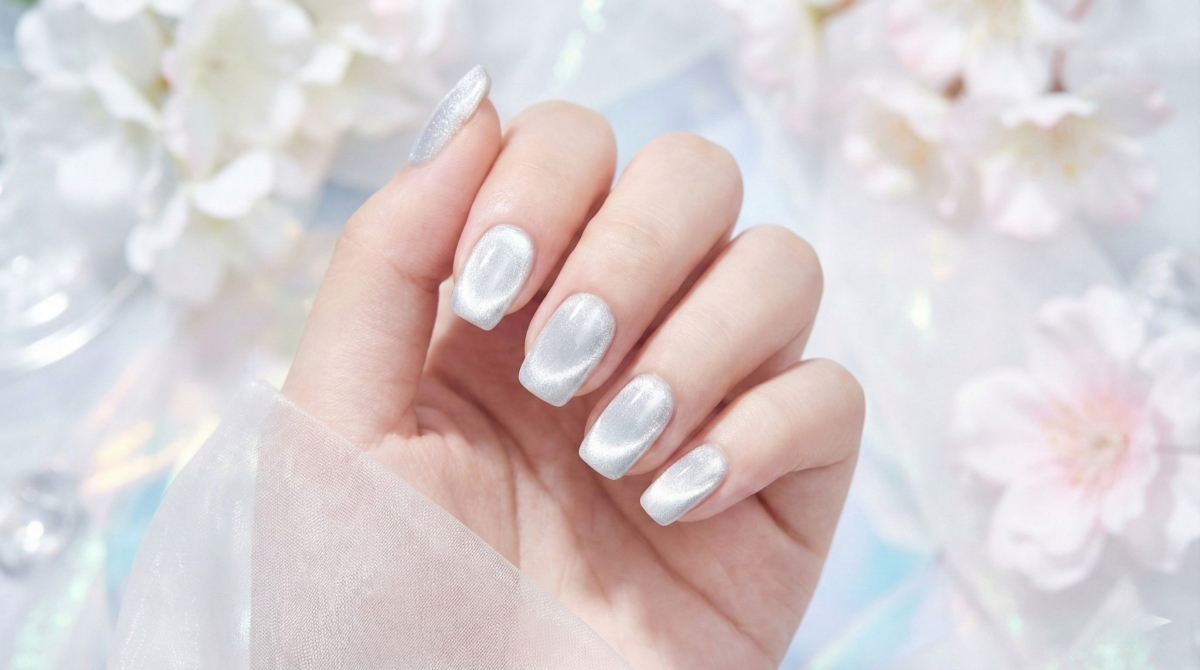 圖中展示的是銀白貓眼美甲款式,銀白貓眼美甲憑藉其純淨的色調,完美呈現了「低調奢華」的定義。