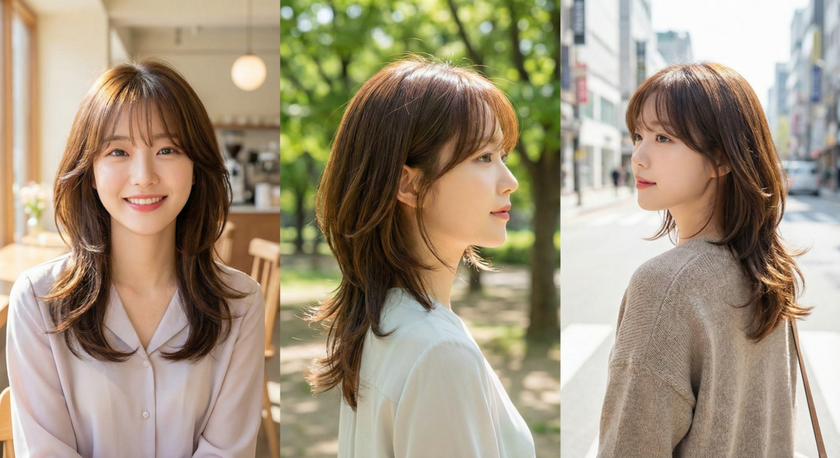 層次水母頭配法式瀏海，中段蓬鬆髮尾輕薄外翻，打造自然律動感與柔美個性兼具的造型。