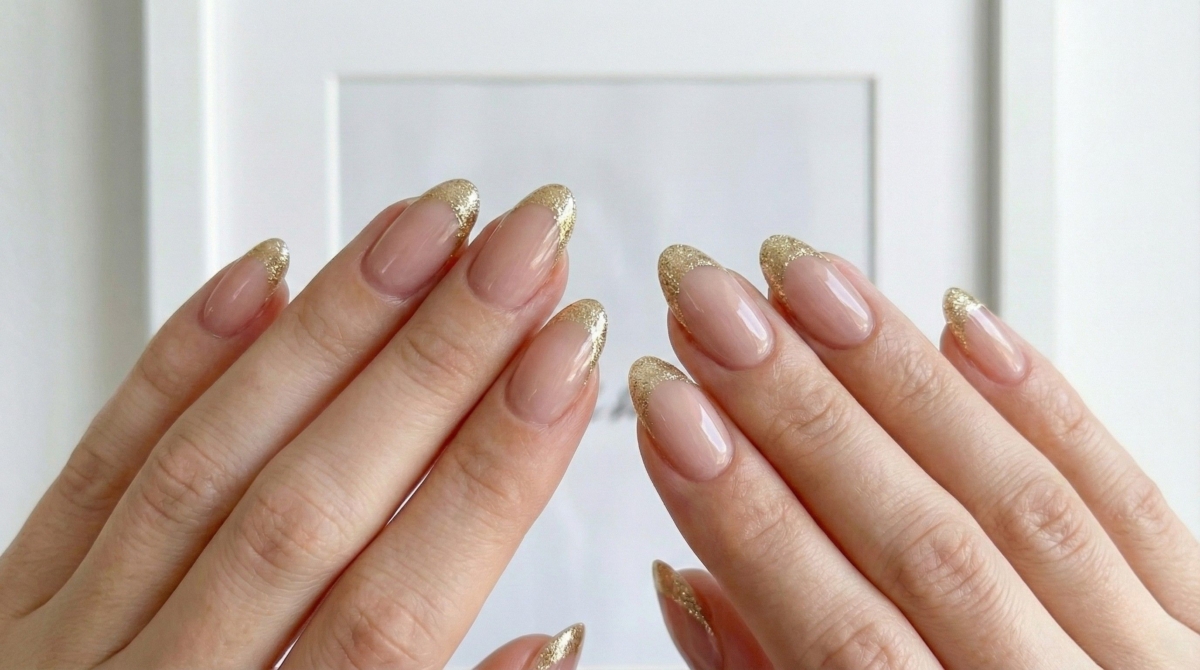 圖中為鑲金法式美甲款式,這款美甲利用金色馬眼綴飾或鏡面粉取代白色線條,能瞬間提升整體穿搭質感,無需佩戴繁重飾品也能閃閃發光。