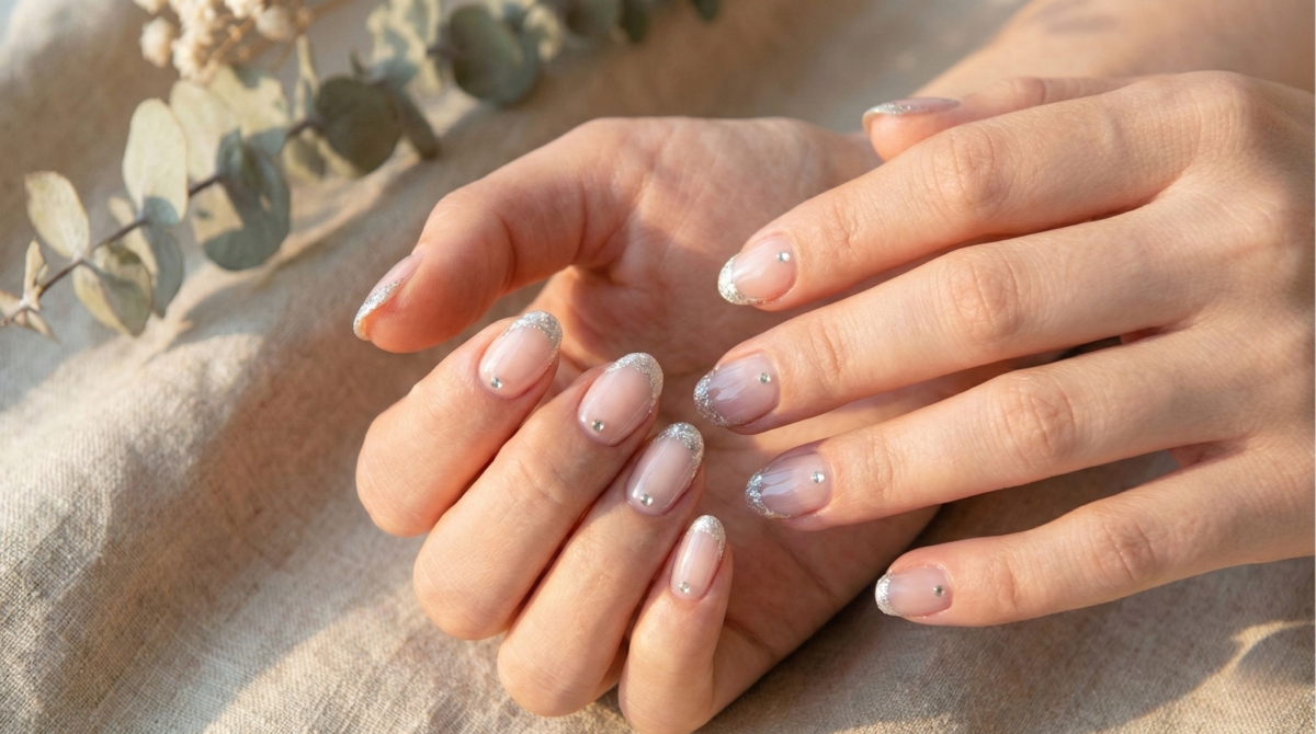 圖中展示的是碎鑽法式美甲款式,它將指尖的白邊替換為高密度的細緻碎鑽或反光閃粉,這是低調奢華的極致體現。