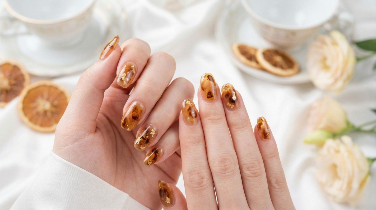 圖中展示的是焦糖琥珀美甲款式,這款設計給人一種溫暖、優雅且沉穩的感覺,指尖散發低調奢華的高級感。