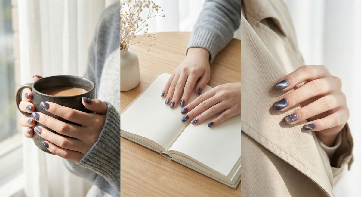 貓眼漸層美甲以深色搭配磁吸貓眼膠,呈現隨角度變幻的神秘銀河光帶,是適合晚宴或搭配深色單品的高級感款式。