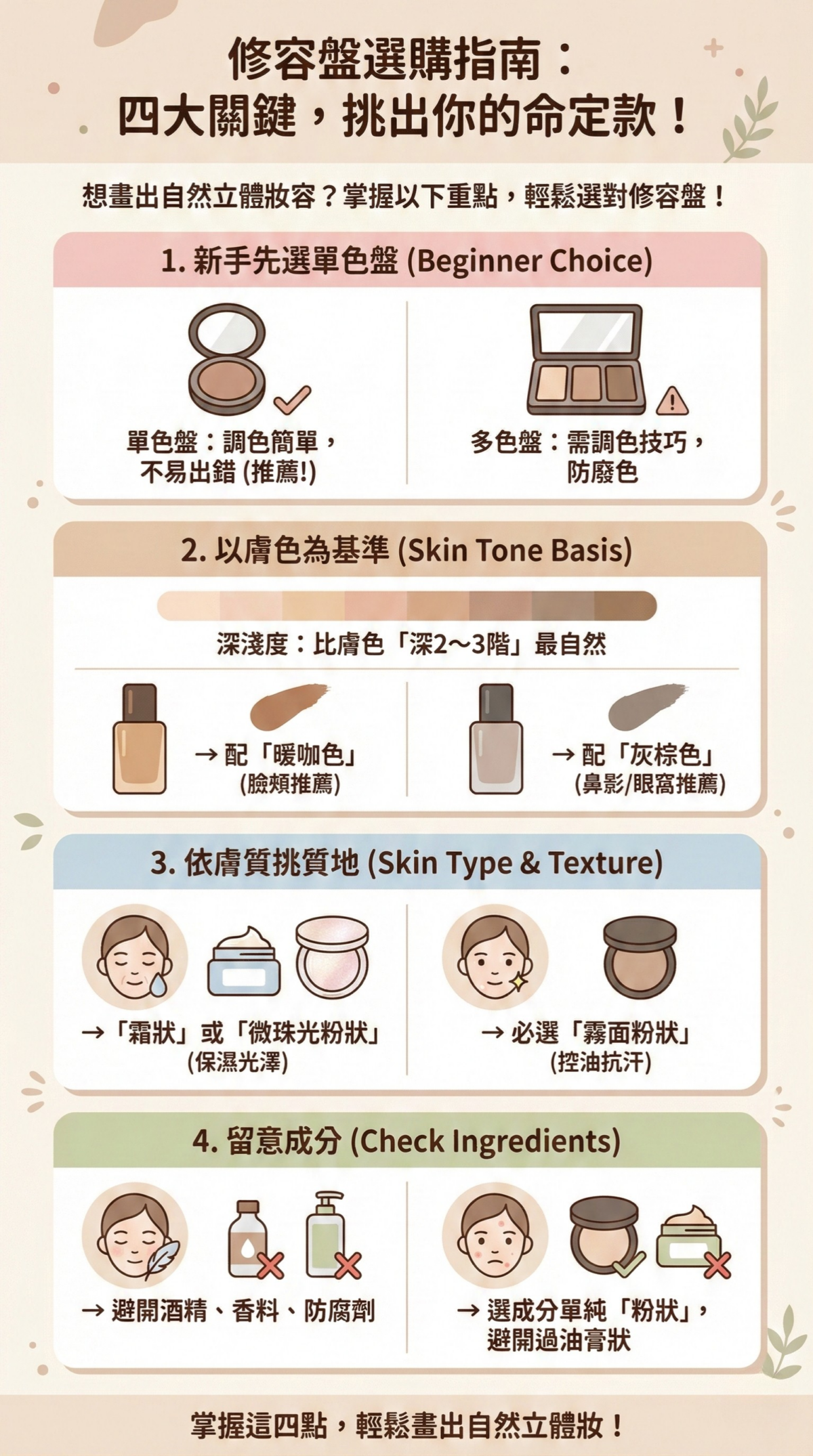 修容盤選購指南資訊圖表,介紹四大挑選重點:新手建議選單色盤、顏色應比膚色深2-3階並依冷暖調選擇灰棕或暖咖色、乾肌選霜狀而油肌選粉狀質地、以及敏感痘痘肌的成分注意事項。