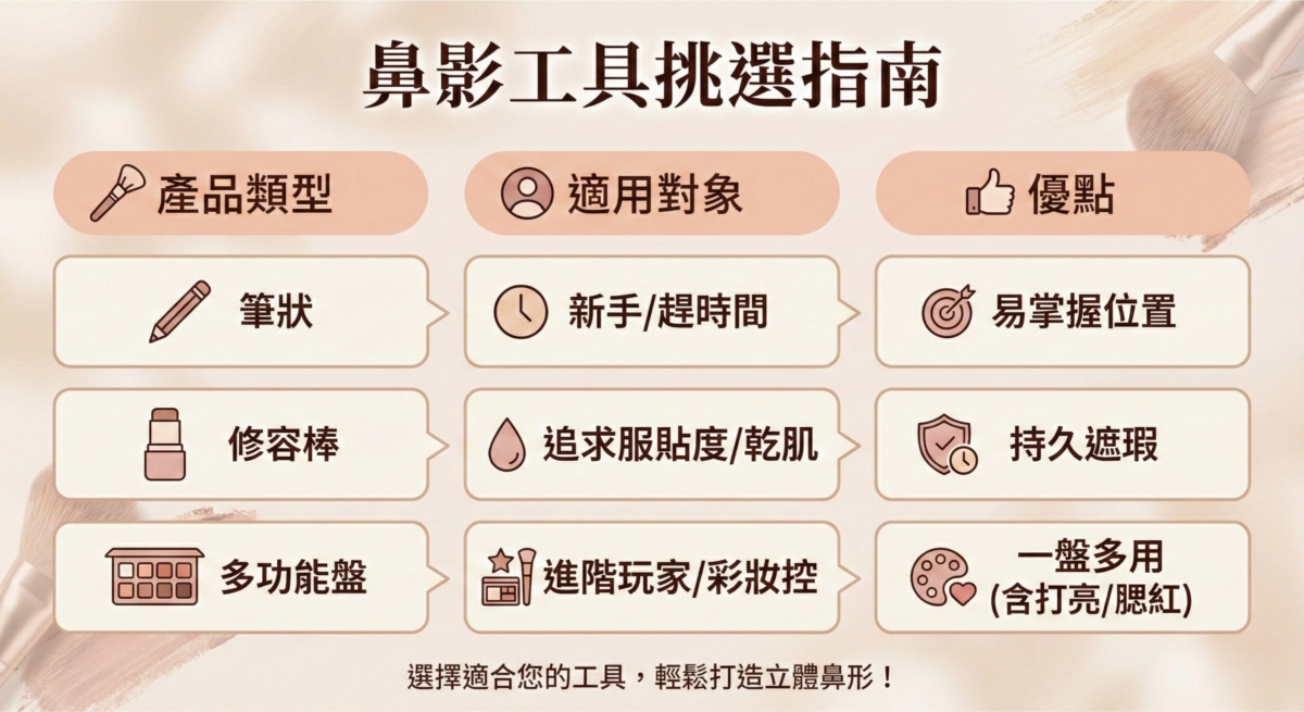一張鼻影產品挑選懶人包,比較了 筆狀 (適合新手/易上手)、修容棒 (適合乾肌/持久) 與 多功能盤 (適合進階/一盤多用) 的不同特性,幫助使用者選擇最適合自己的修容工具。