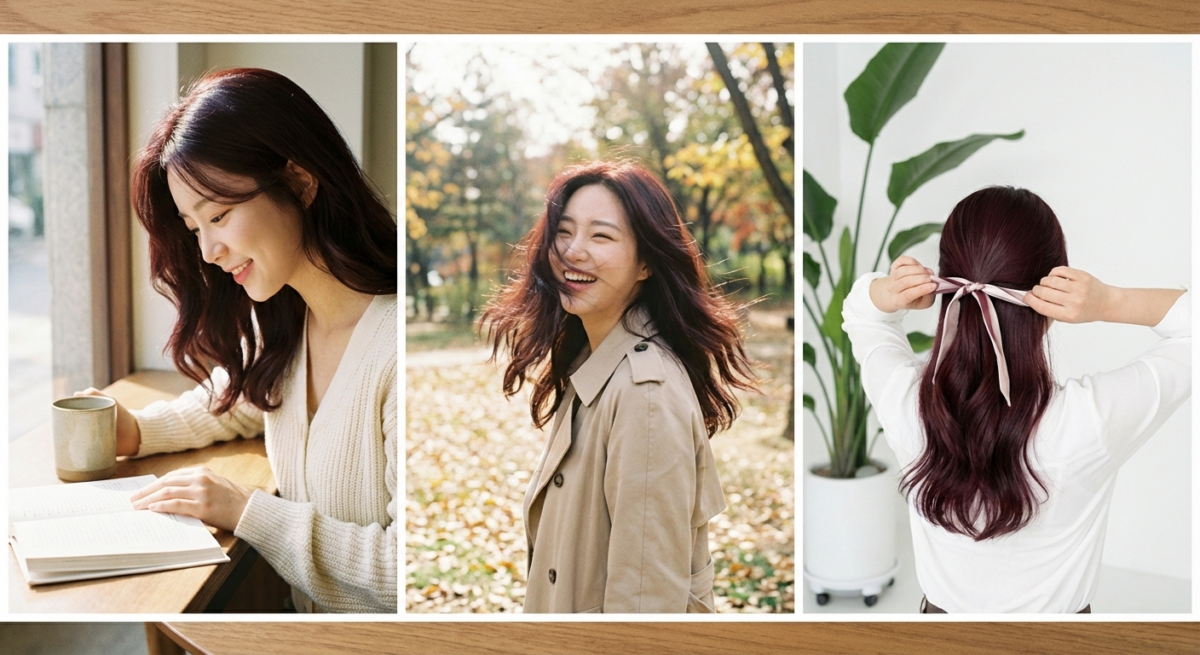 黑嘉麗紫髮色以棕色基底融合葡萄酒紅紫，免漂護髮，中和黃氣，低調奢華又顯白提氣色。