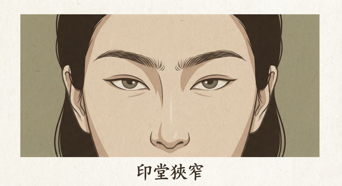 印堂位於兩眉之間，若兩眉距離過近，面相學上代表其人心胸狹窄且精於計算。