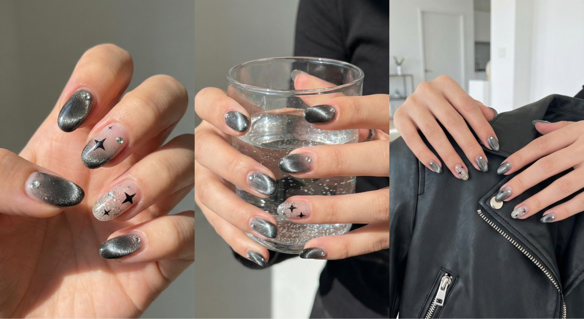 鑽黑星星貓眼指甲以黑灰磁粉與透明底色打造深邃光感,點綴星星與亮片,率性又時尚。
