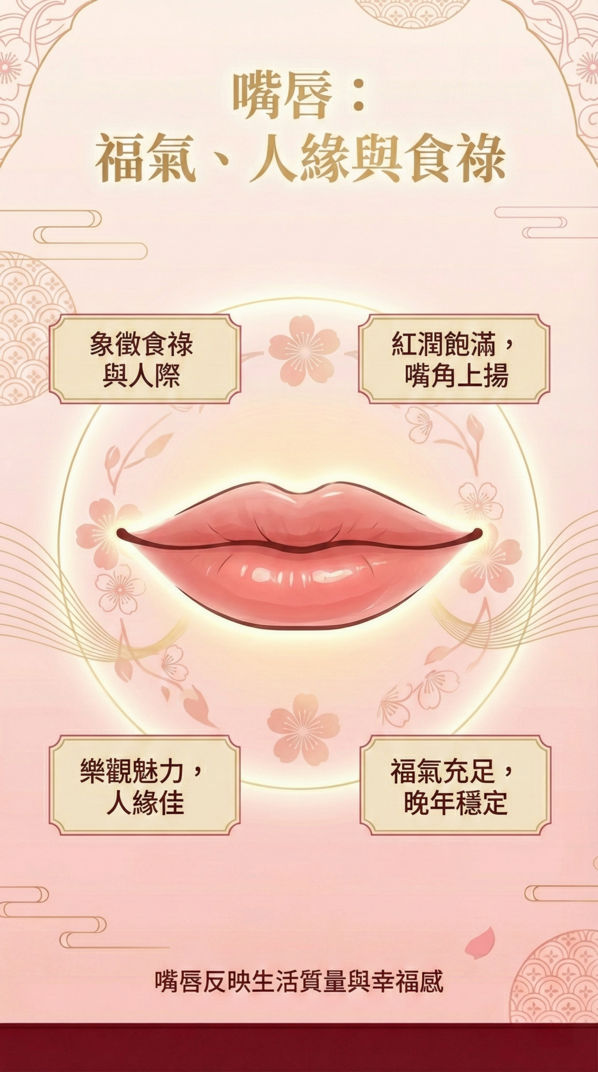 嘴唇反映福氣與人緣：紅潤飽滿、微翹嘴角的人通常心態樂觀、人緣佳，福氣與婚姻運都穩定。