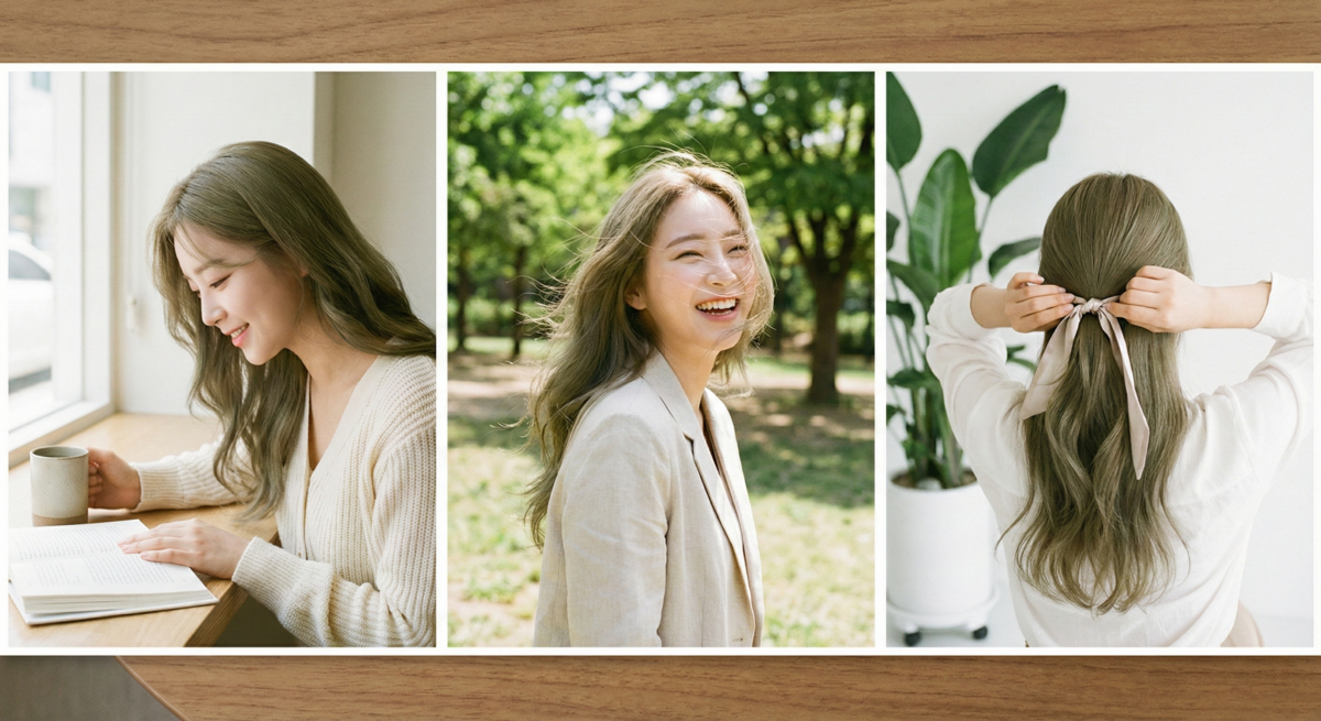 亞麻棕髮色低飽和帶透明感，修飾偏黃膚色，顯白提氣色，打造溫柔清新的日系透明感。