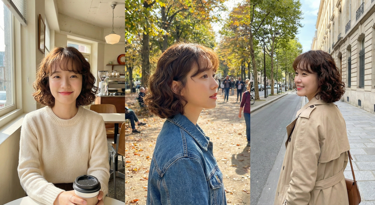 復古捲中短髮配法式瀏海，小波紋捲度增髮量，文藝又時尚，修飾臉型線條。