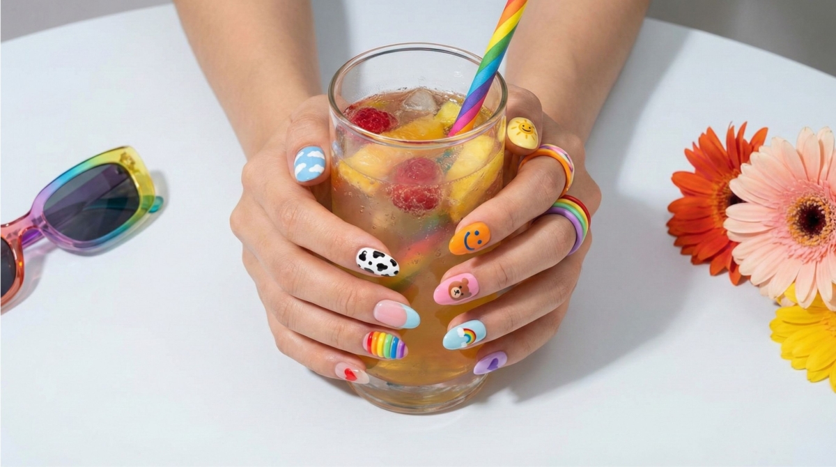 圖中展示的是多巴胺美甲款式,這種極具視覺衝擊力的設計,彷彿將快樂具象化,看一眼就能刺激大腦分泌「快樂激素」,瞬間掃除陰霾。