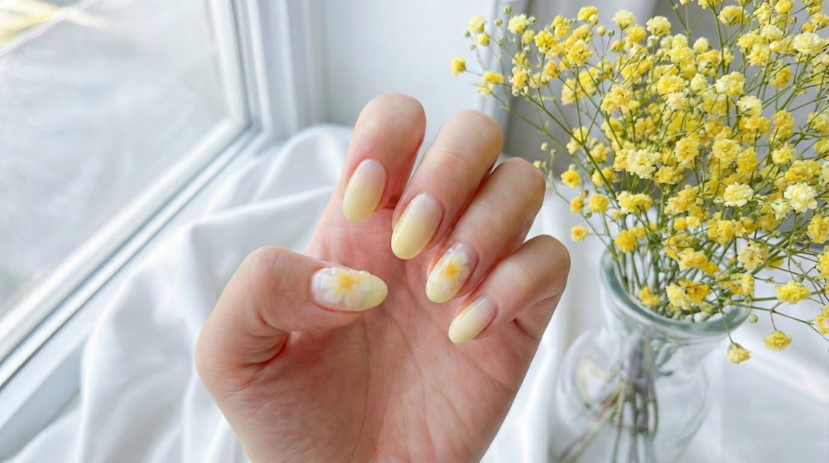 圖中展示的是春日活力淡黃美甲款式,它帶有一點溫暖的奶油氣息,避開了螢光感,光是視覺就能感受到滿滿的元氣。