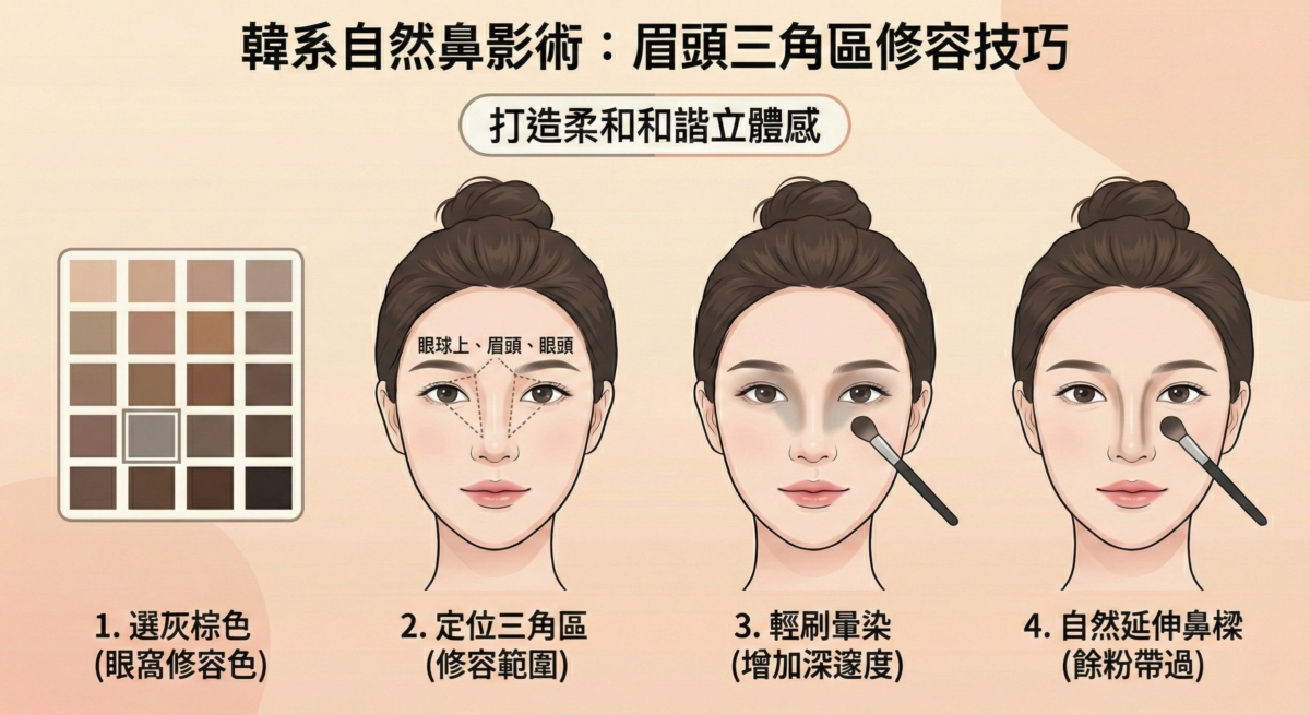 這是一張標題為「韓系自然鼻影術」的教學圖片,重點在於利用「眉頭三角區修容技巧」來打造柔和的立體感。圖中展示了四個步驟:首先從修容盤中選取適合的灰棕色,接著在臉部定位出連接眼球上方、眉頭與眼頭的三角形修容範圍,然後使用刷具在該區域輕刷暈染以增加眼窩深邃度,最後利用刷子上的餘粉順勢向下延伸至鼻樑兩側,完成自然且和諧的鼻影妝容。