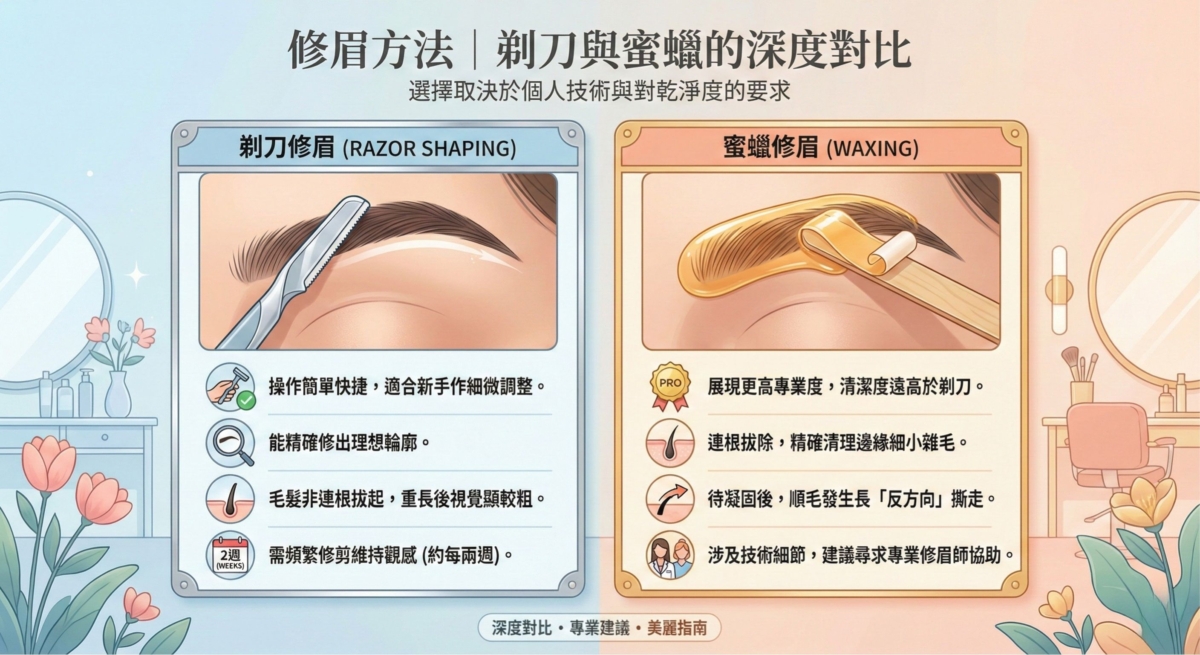 一張關於修眉方法的比較資訊圖表，深度對比「剃刀修眉」與「蜜蠟修眉」的特性、優缺點及維護頻率，幫助使用者根據個人技術與清潔度需求做出選擇。