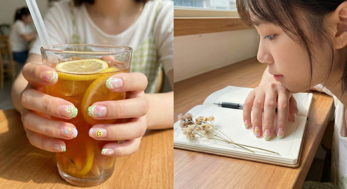 這款透明感美甲以透色底搭配粉彩幾何圖案和花邊彩繪，風格活潑童趣，是喜歡亮色、追求活力俏皮感的減齡美甲款式。