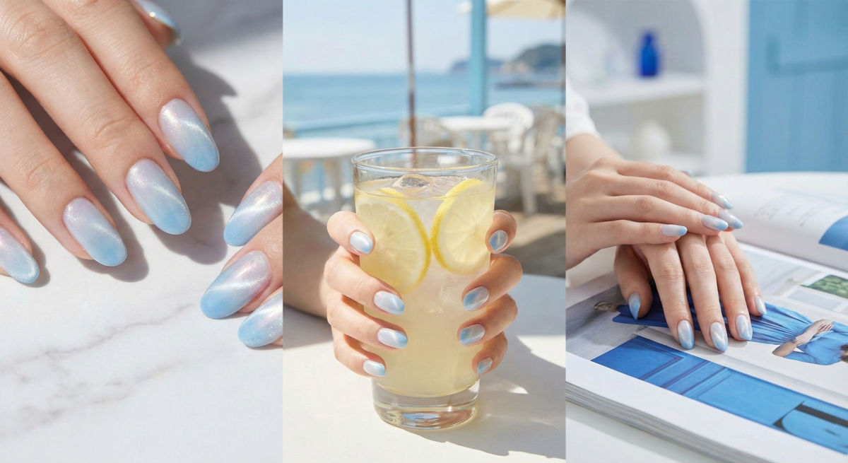 寶寶藍漸層貓眼光療指甲以磁粉漸層與珠光打造清新夢幻感,視覺修長手指。