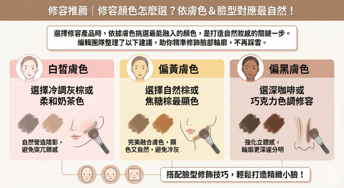 這張美妝教學圖表主題為「如何依據膚色選擇最自然的修容顏色」。圖中建議「白皙膚色」應選擇冷調灰棕或柔和奶茶色，以自然營造陰影；「偏黃膚色」適合自然棕或焦糖棕，並特別提醒要避免冷灰色；「偏黑膚色」則推薦深咖啡或巧克力色調，以強化臉部立體感與輪廓。底部並附註提示，搭配臉型修飾技巧可輕鬆打造精緻小臉。