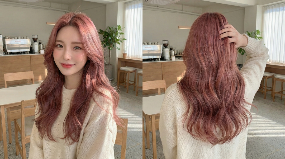 在奶茶色中融入了少許玫瑰粉與莓果調，讓髮絲在光線下閃爍出紅潤的光澤。