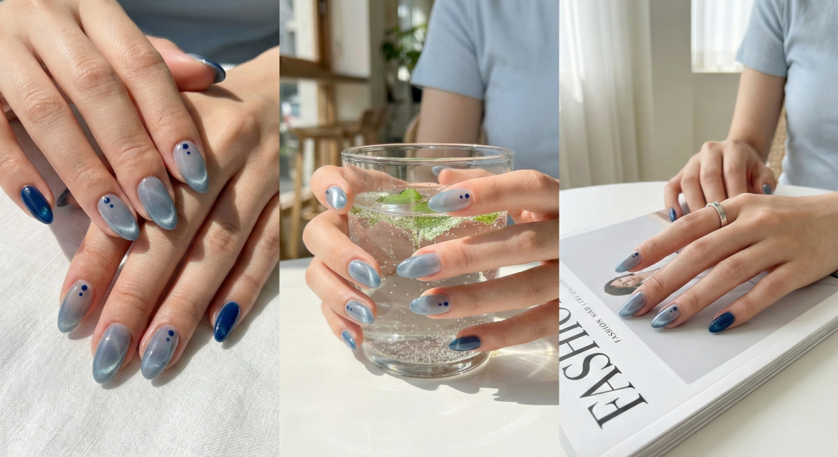 藍色晶透波點貓眼指甲如通透玻璃球,清新亮眼,百搭又具設計感。