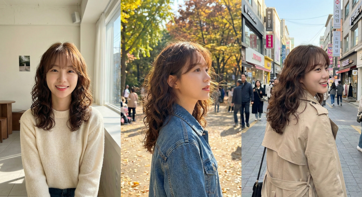 層次捲中長髮配法式瀏海，高層次捲度立體動感，披散或綁馬尾都時髦又慵懶。