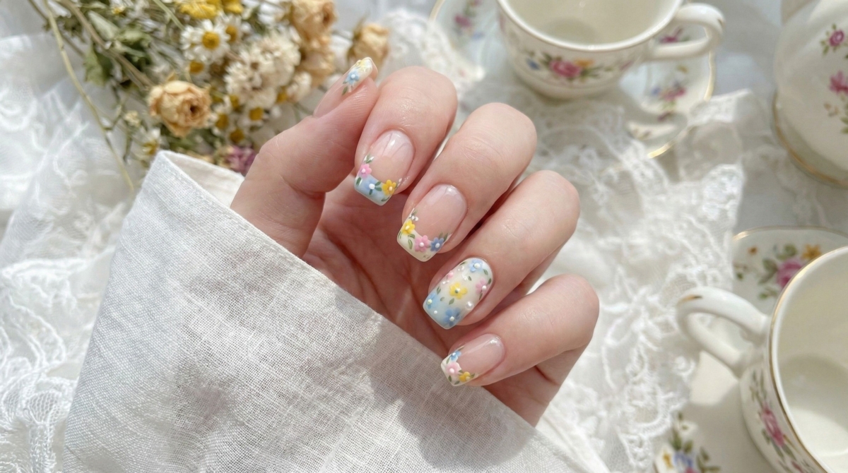 圖中為法式花卉美甲款式,在春季賞花、情人節約會或戶外草地婚禮上,這款美甲能讓你散發出無與倫比的溫柔甜美氣息。