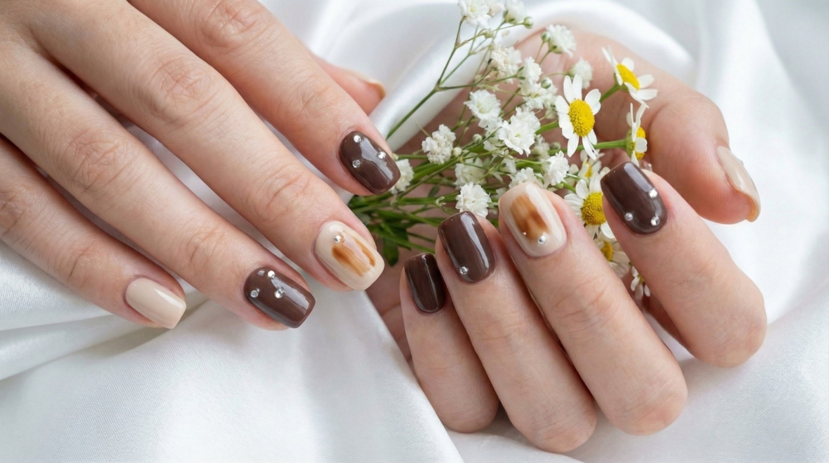 圖中展示玩味跳指的美甲效果,跳指設計就是在純色的基礎上,選擇一兩隻手指進行特殊設計,創造視覺上的「節奏感」。