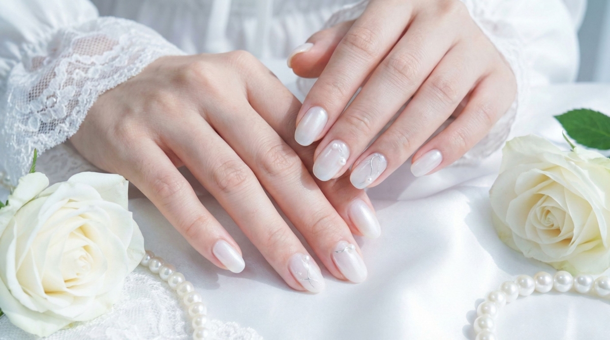 圖中展示的是晶透珍珠白美甲款式,半透明的底色讓指甲看起來像是天生好氣色,表面則閃爍著細膩的珠光,不過於張揚卻極具存在感