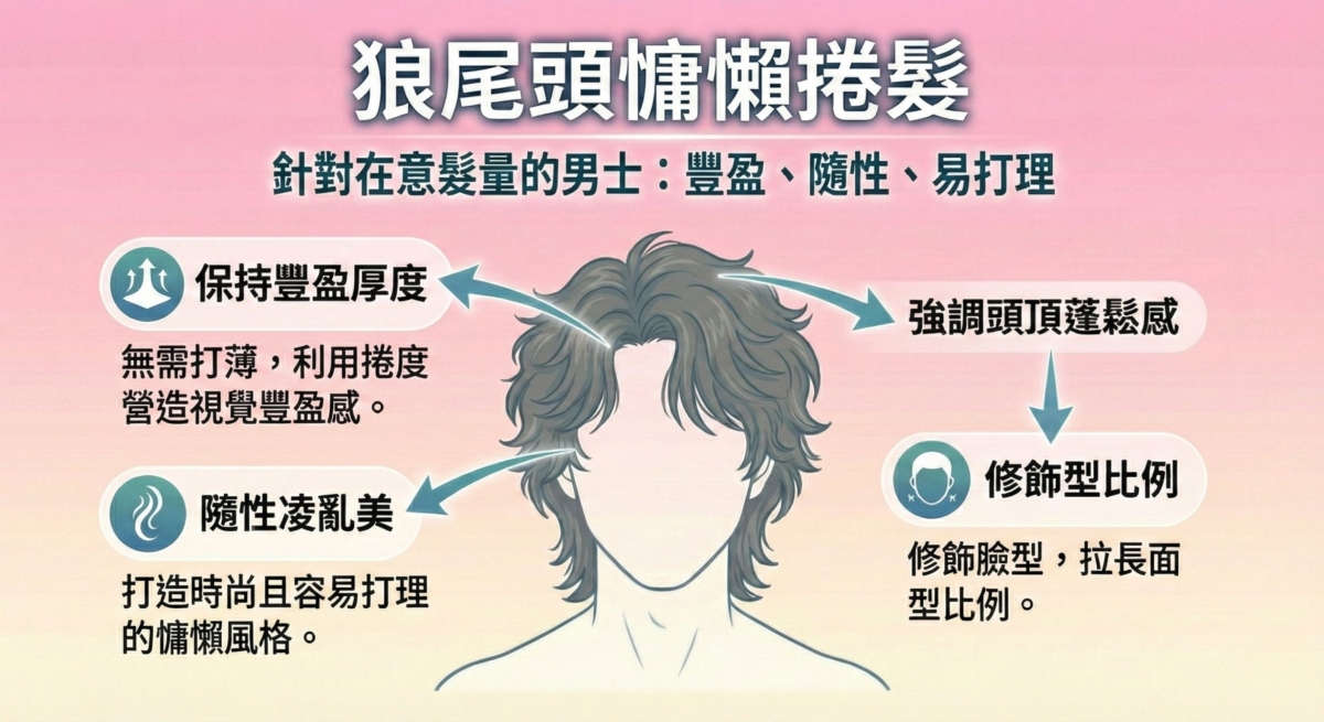 一張針對髮量較少男士設計的「狼尾頭慵懶捲髮」指南,解析如何透過捲度達到保持豐盈、頭頂蓬鬆與隨性凌亂的效果,同時能有效拉長臉型比例。