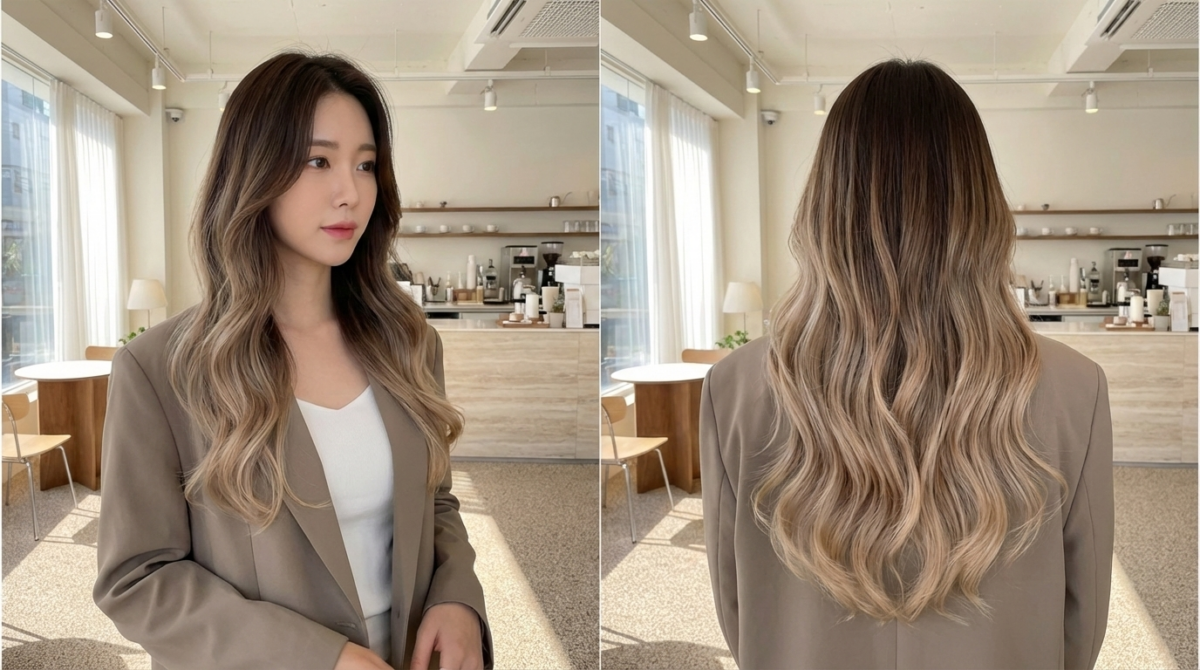 運用「手刷染 」技術，從髮根的深棕過度到髮尾的淺奶茶。