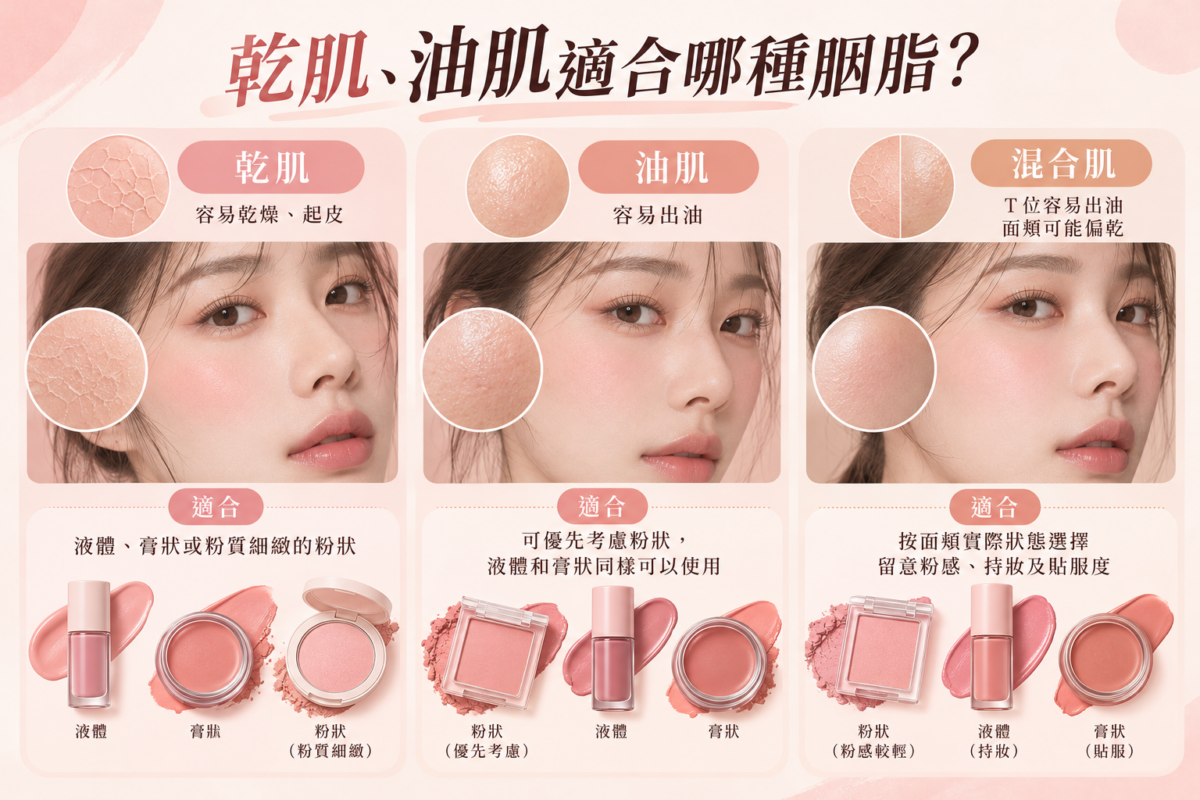 乾肌、油肌及混合肌胭脂選擇資訊圖，比較不同膚質的皮膚特徵、適合的胭脂質地及選購重點。