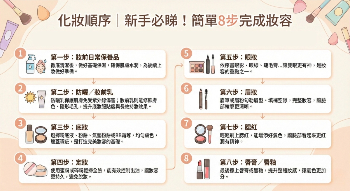 一張標題為「新手必睇!簡單 8 步完成妝容」的資訊圖表,清楚列出從妝前保養、底妝、定妝到五官彩妝的完整八大步驟建議順序。