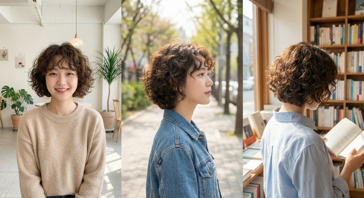 短髮羊毛捲立體蓬鬆，簡單護理即可展現減齡復古可愛感。