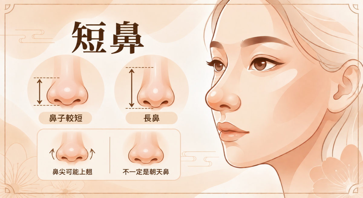 短鼻特徵是鼻子相對整體臉部較短,鼻尖可能上翹,但不一定屬於朝天鼻。