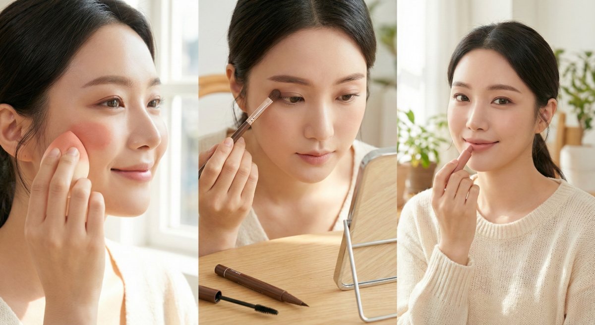 溫柔奶霜妝依序從保濕打底、薄擦粉底、自然眉彩、低彩度眼影與眼線、腮紅到裸粉或奶茶唇彩,打造柔和透亮、氣質清新的日常妝容。