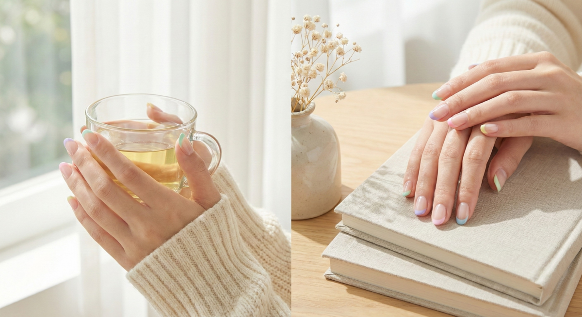 夢幻馬卡龍色法式甲以柔和粉調取代經典白邊,打造甜美清新的仙氣感,是春夏季節點亮雙手的亮眼創意之選。