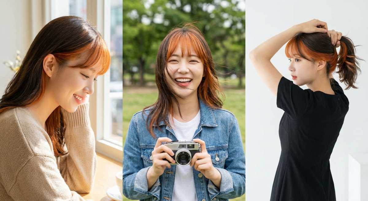 落日橘棕瀏海染將挑染色集中在瀏海與臉頰，修飾臉型、提亮膚色，是Y2K風與韓系女團同款的局部染髮理想選擇。