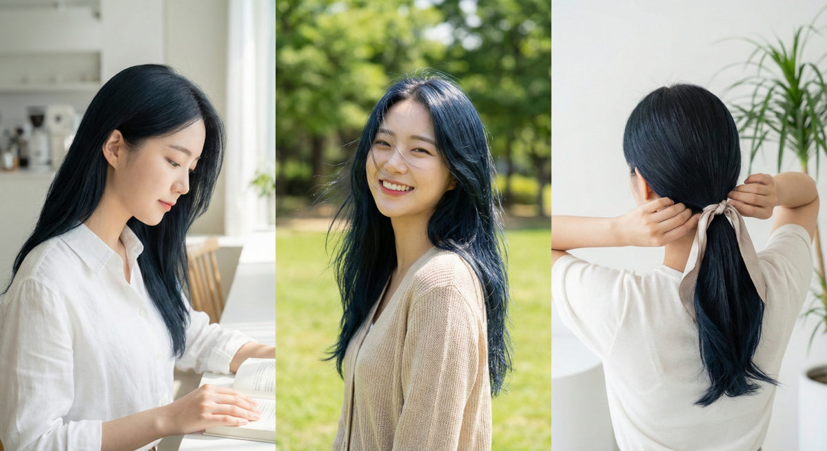 芝麻藍黑在低調黑色基底加入淡淡青藍調，增添層次與個性，加深五官輪廓，低調又亮眼的高級髮色。