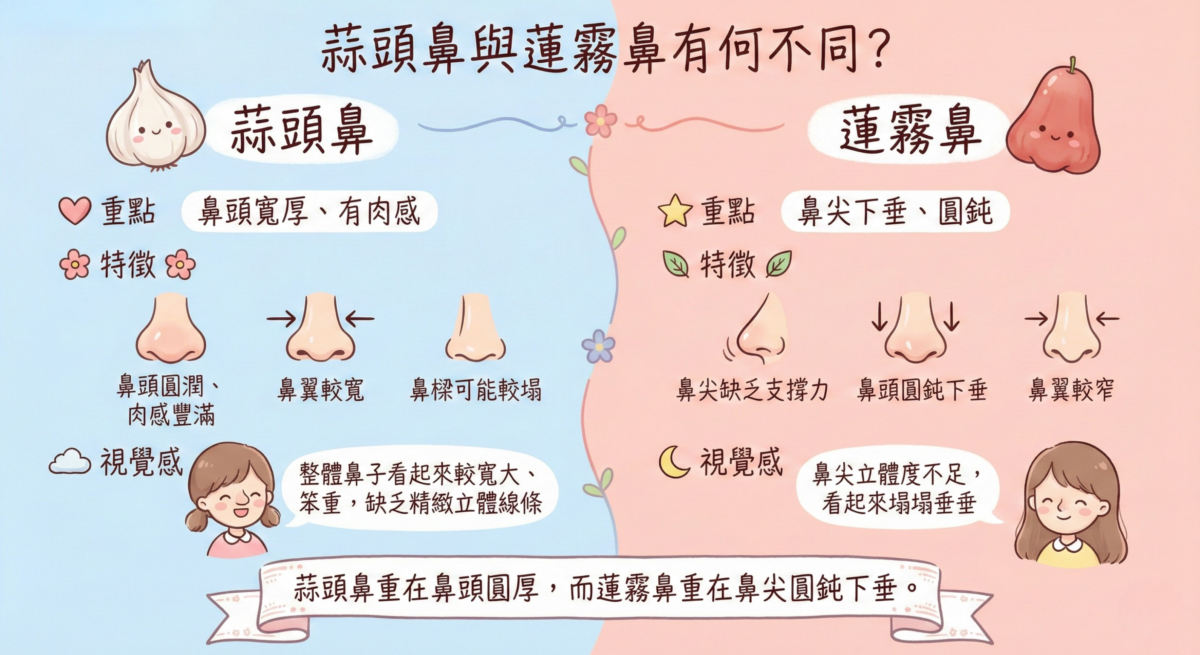 蒜頭鼻與蓮霧鼻的差異圖表,根據特徵和視覺感區分兩者。