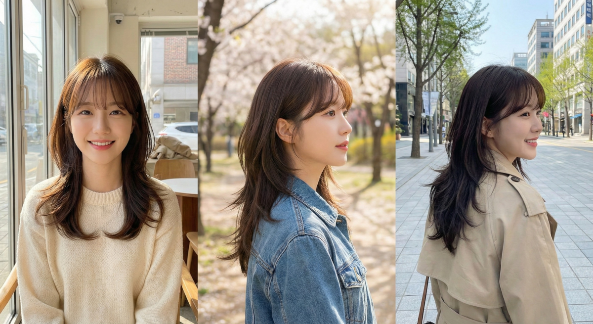 層次魚尾剪配法式瀏海，微外翻髮尾與鬚鬚修飾臉型，打造立體隨性減齡造型。