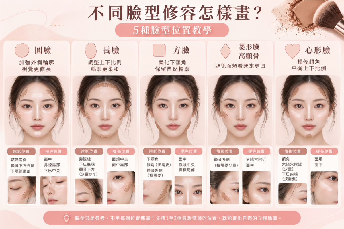 5種臉型修容位置整理圖，比較圓臉、長臉、方臉、菱形臉及心形臉的陰影與高光提亮位置。