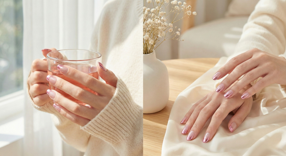 人魚色鏡面閃粉法式指甲以半透底色交織極光與細閃,營造夢幻波光感,兼具甜美與低調華麗的仙氣。