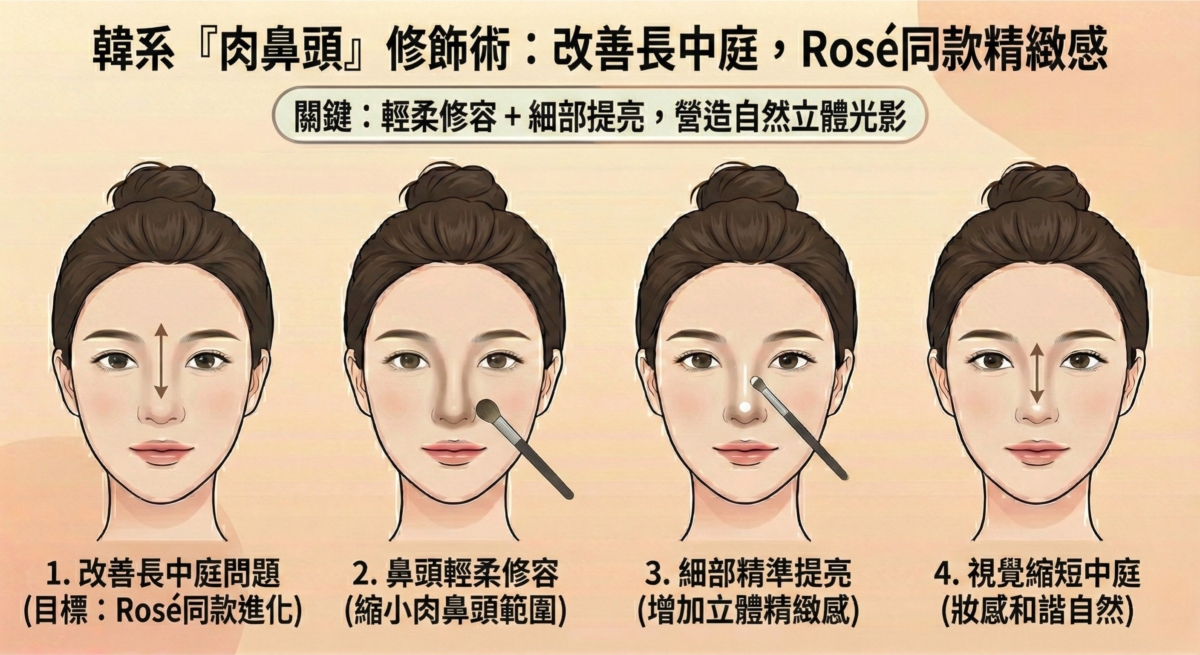 這是一張標題為「韓系『肉鼻頭』修飾術」的教學圖片,旨在「改善長中庭」並打造如明星 Rosé 般的精緻感。步驟展示了如何通過光影調整臉部比例:首先確認改善中庭過長的目標,接著對鼻頭進行輕柔修容以縮小肉鼻頭的視覺範圍,再搭配細部精準提亮來增加立體的精緻度,最終達到視覺上縮短中庭長度,呈現出妝感和諧自然的修飾效果。