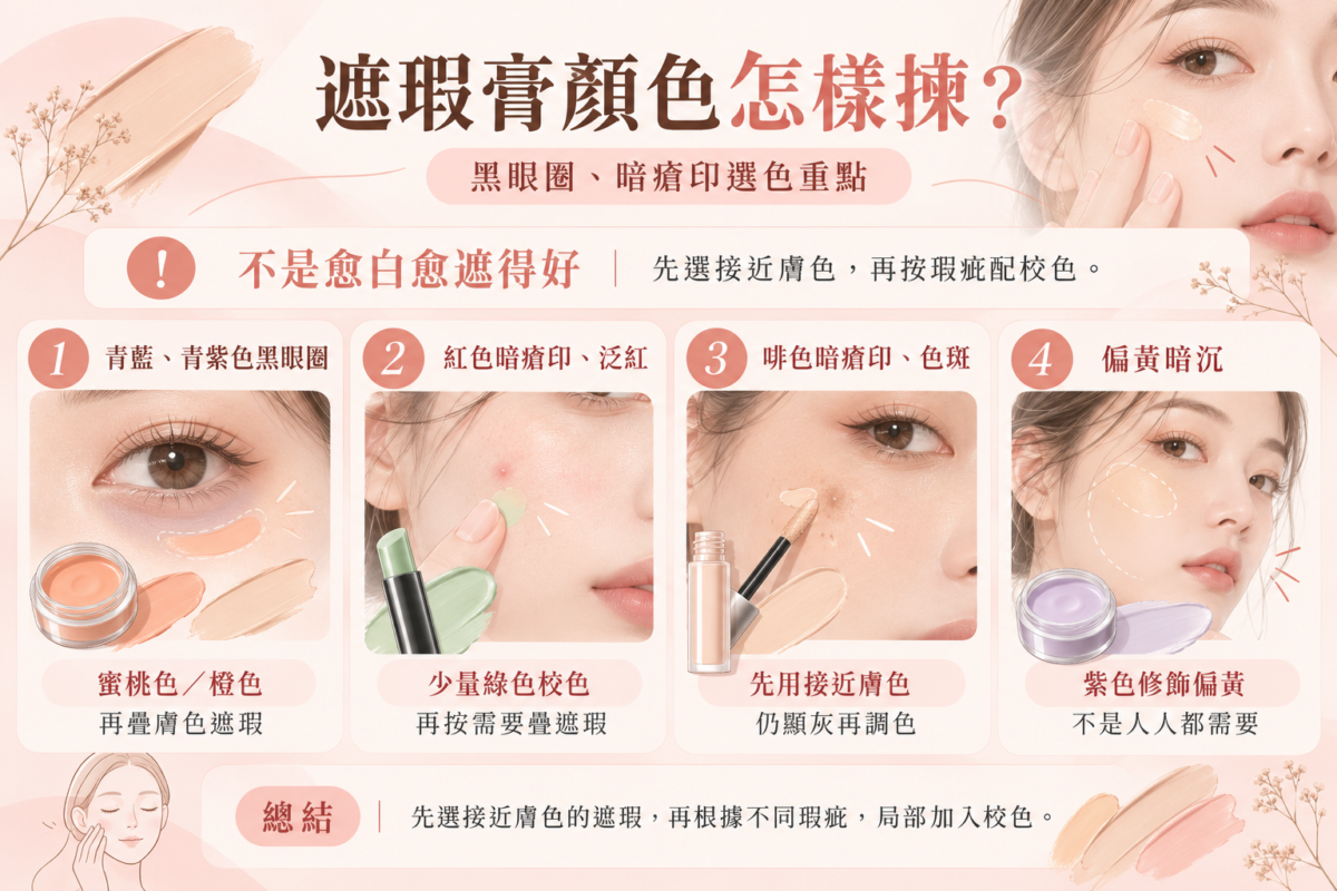 遮瑕膏選色資訊圖，整理青紫色黑眼圈、紅色暗瘡印、啡色斑點及偏黃暗沉的校色方法，對應蜜桃色、綠色、膚色及紫色遮瑕產品。